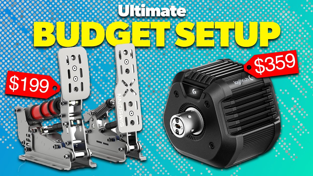 YouTube post by @randomcallsign for Simagic. Caption reads: Ultimate High-End Budget Sim Racing Setup.