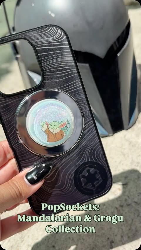 Instagram post by @maddilorian for PopSockets. Caption reads: [...] Mandalorian & Grogu collection from....