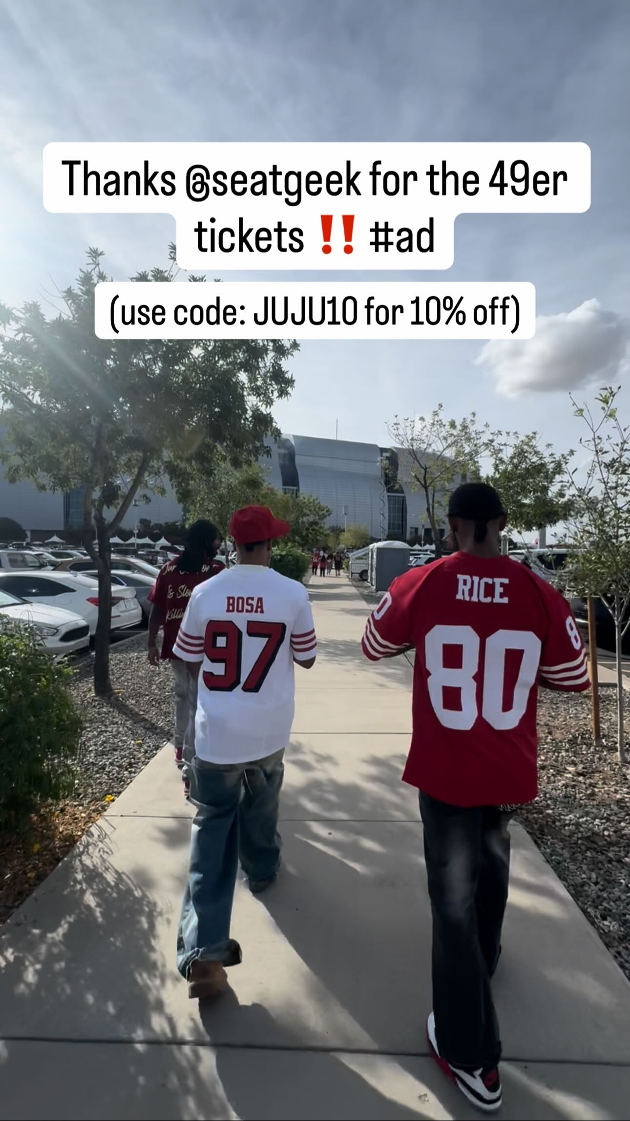 Instagram post by @yaathatsjuju for SeatGeek. Caption reads: Taking my friend to his first football game‼️😁....