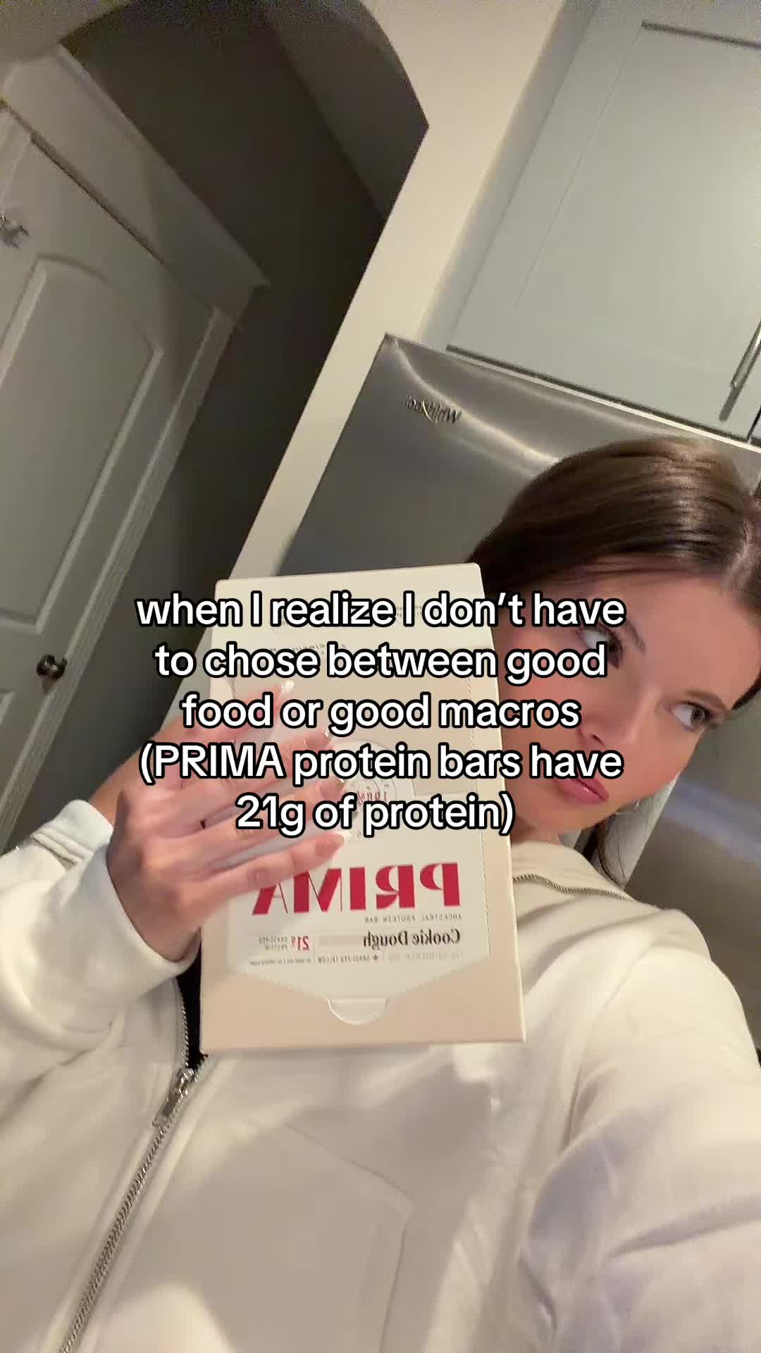 TikTok post by @bethanyclaire for PRIMA Ancestral Protein Bar. Caption reads: SO YUM @PRIMA Ancestral Protein Bar #prima....