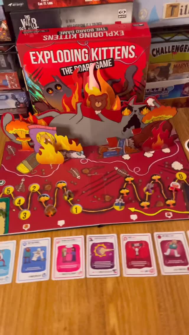 Instagram post by @tiktokboardgames for Exploding Kittens. Caption reads: A gameboard that completely changes as you play!....