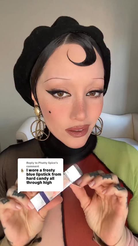 Instagram post by @erinparsonsmakeup for Hard Candy. Caption reads: @hardcandylife Skitzo Lipstick #vintagemakeup.