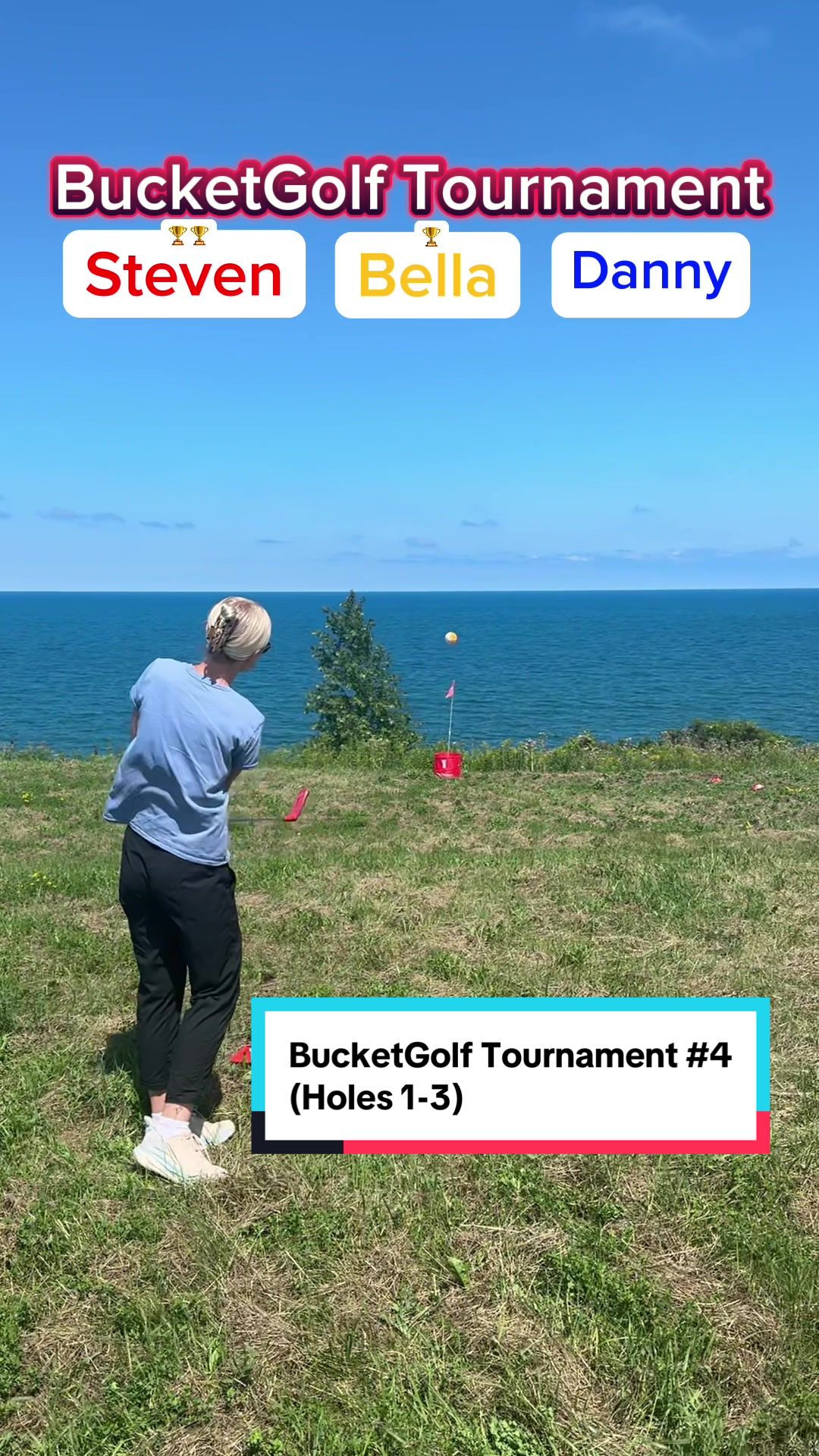 TikTok post by @dannysanicki for Bucketgolf Game. Caption reads: @BucketGolf Tournament #4 18 holes (Holes 1-3)....
