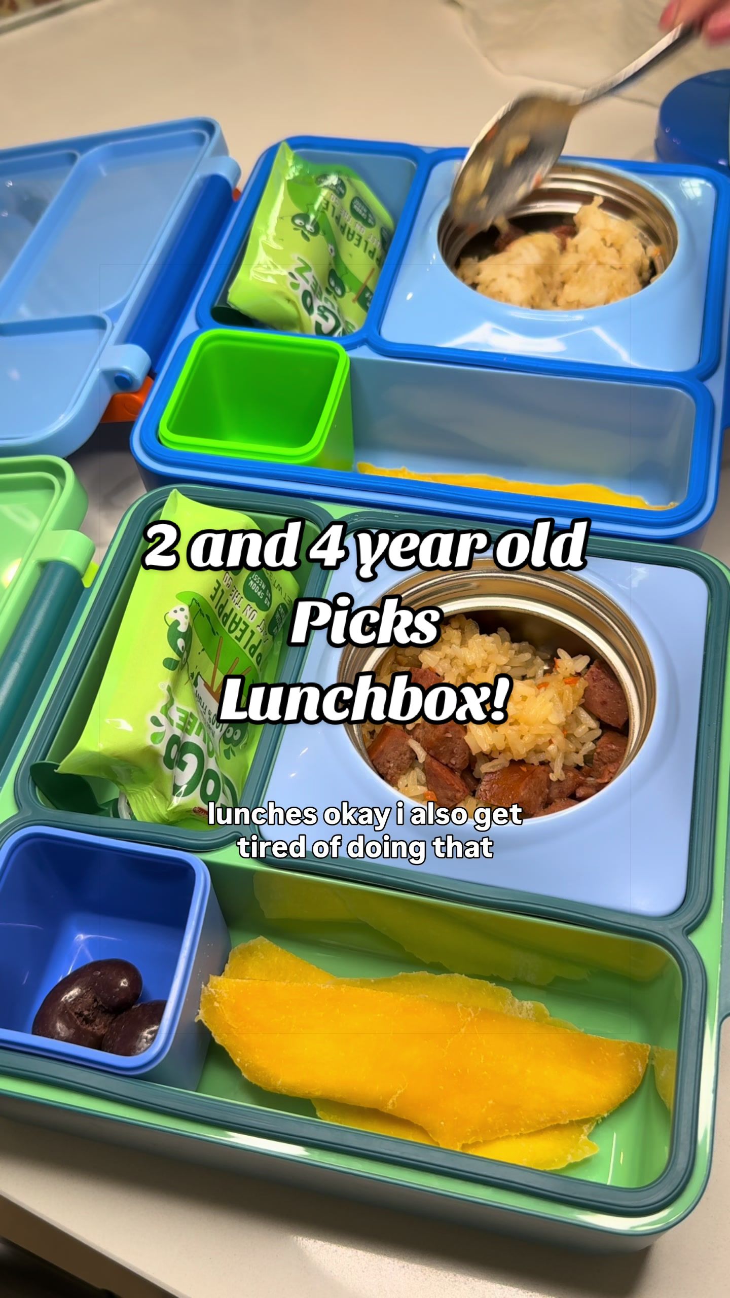 TikTok post by @josephineehuang for OmieLife. Caption reads: [...] #kidslunchideas #lunchbox @GoGo squeeZ....