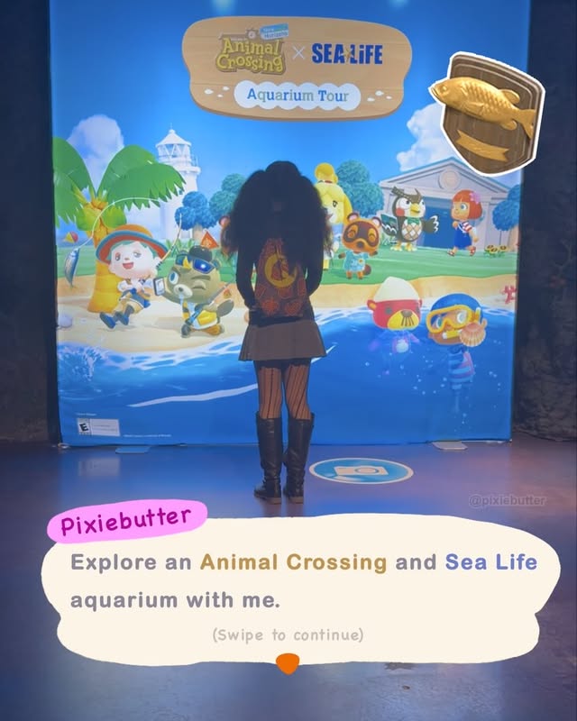 Instagram post by @pixiebutter for Sea Life Centre. Caption reads: 🌱 Swipe to explore this Animal Crossing Aquarium....