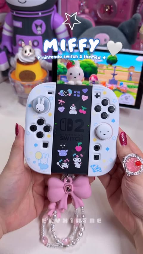 Instagram post by @elyxirine for GeekShare. Caption reads: [...] Switch 2 ! ft. Miffy accessories frm....
