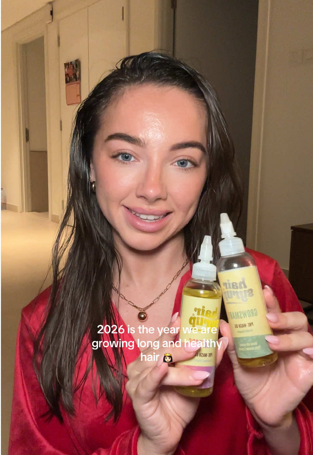 TikTok post by @taraabolger for Hair Syrup. Caption reads: prioritising hair growth in 2026 !! 🍯 @hairsyrup .