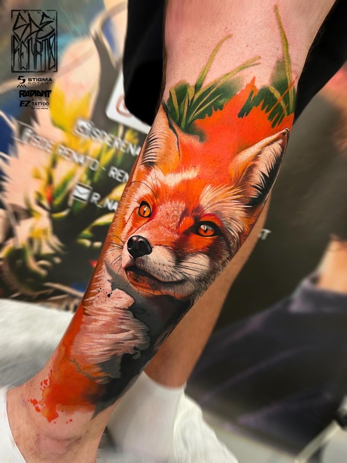 Instagram post by @sderenato.tattooartist for EZ Tattoo Supply. Caption reads: #fox 🦊
First step on a full leg project 
2....
