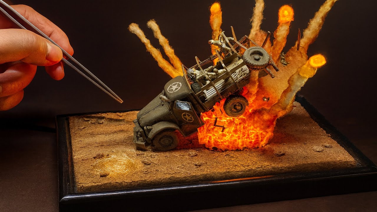 YouTube post by @4THECRAFT for Thingiverse. Caption reads: CARGO TRUCK  DESTROYED BY MINE EXPLOSION DIORAMA/....