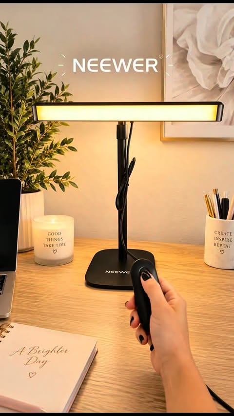 Instagram post by @americandream.ugc for NEEWER. Caption reads: [...] the perfect desk upgrade. ✨Model: NG01....