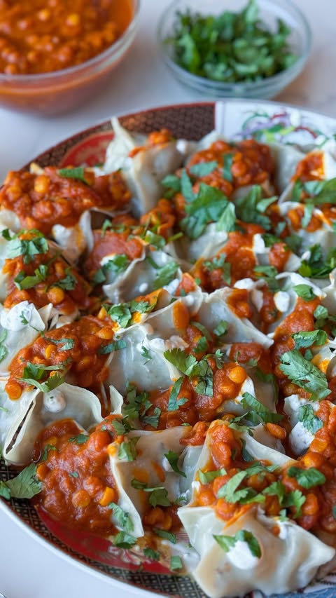 Instagram post by @halfghankitchen for The Feedfeed. Caption reads: (ad) Mantu made with @muirglen ! @thefeedfeed....