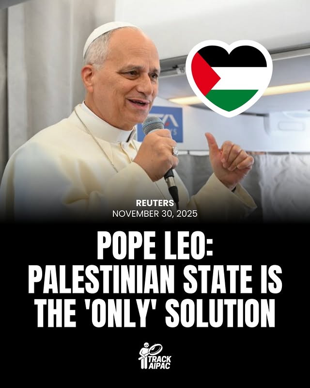 Instagram post by @trackaipac for Reuters. Caption reads: Pope Leo said on Sunday that the only solution in....