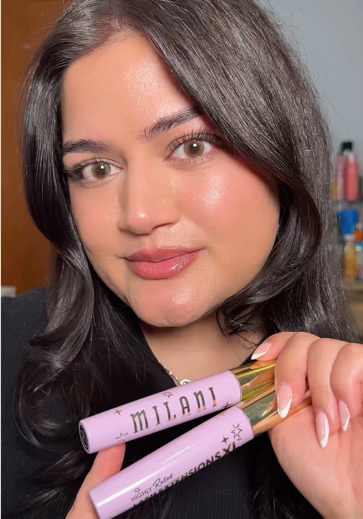 TikTok post by @shadesofpri for Milani Cosmetics. Caption reads: [...] my lashes so much volume!! 👀 The @Milani....