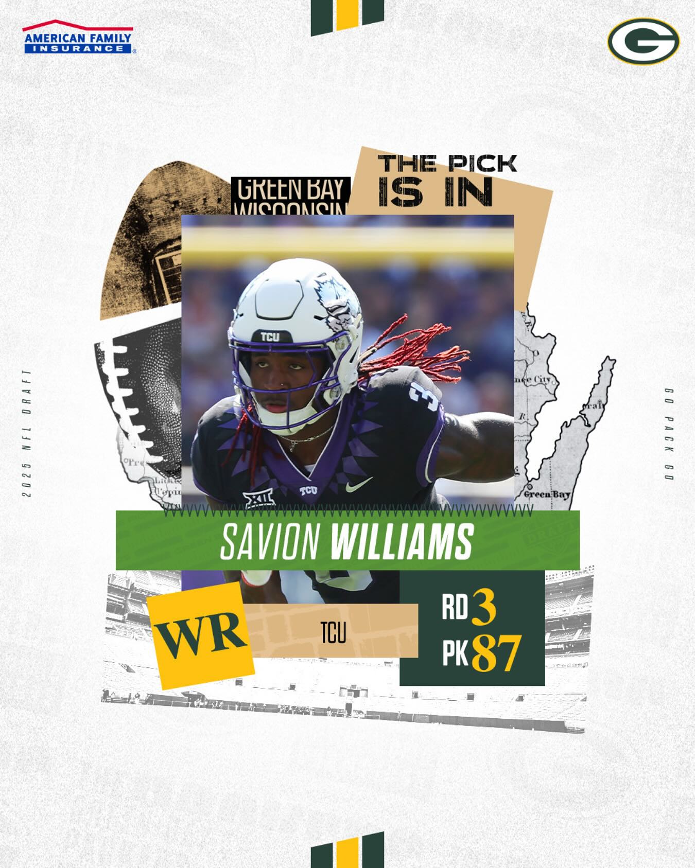 Instagram post by @tcufootball for American Family Insurance. Caption reads: Welcome to GB, Savion!.