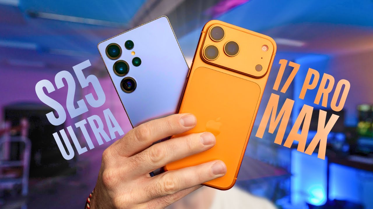 YouTube post by @MarkEllisReviews for CASEKOO. Caption reads: iPhone 17 Pro Max vs S25 Ultra: The Real Winner....