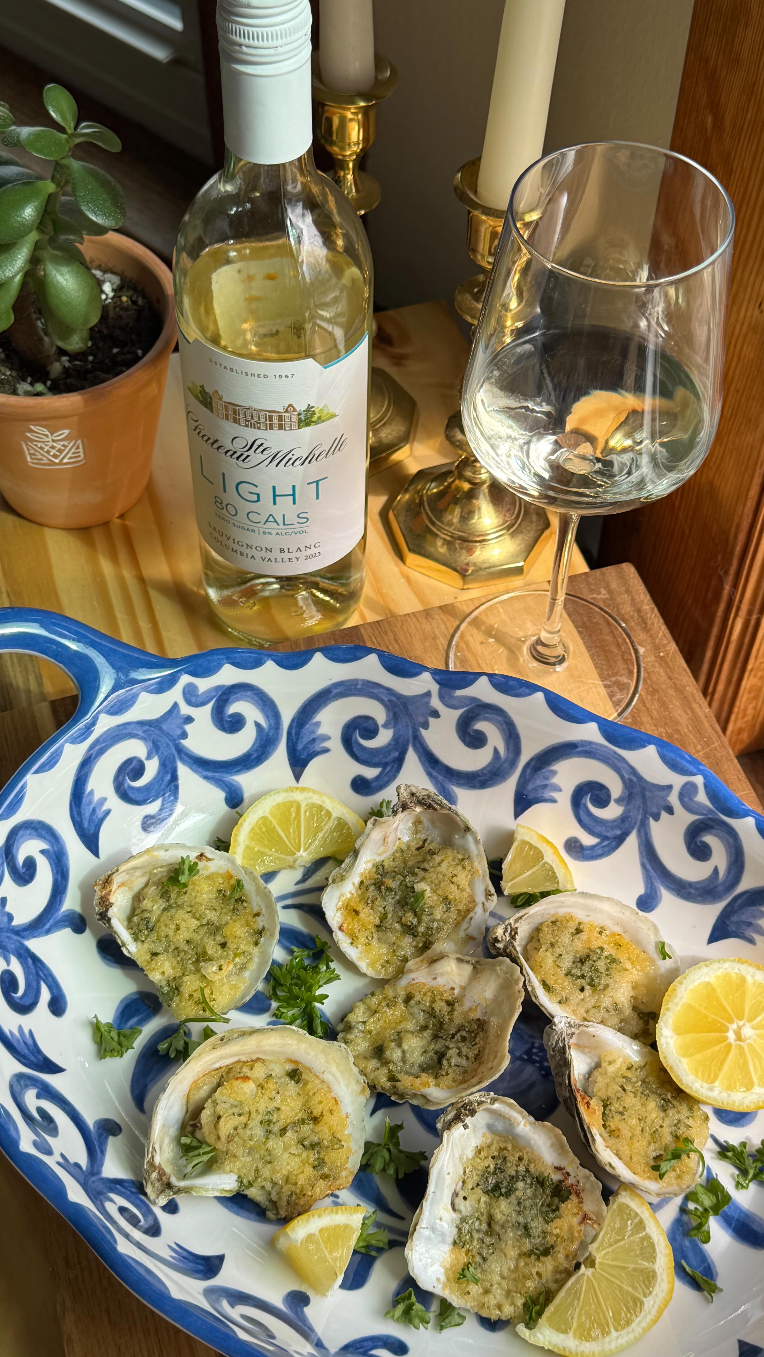 Instagram post by @cookingwithkelli for Chateau Ste. Michelle Winery. Caption reads: Happy Hour featuring Oysters Rockefeller and....