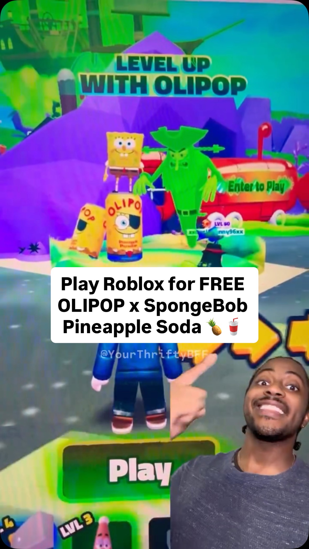 Instagram post by @yourthrifty.bff for Roblox. Caption reads: [...] THIS 🍍FREE OLIPOP x SpongeBob Soda via....