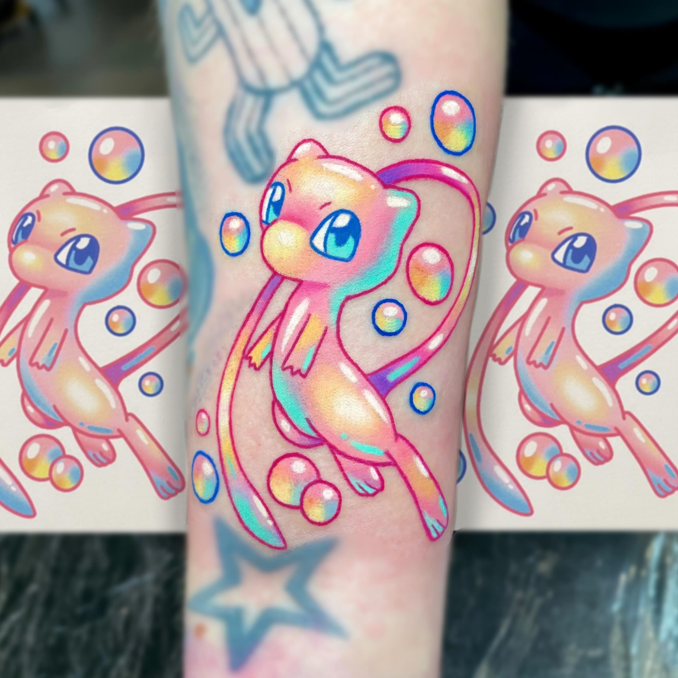 Instagram post by @deadpan_anne_tattoo for Barber DTS Tattoo Supplies. Caption reads: 🫧Bubble Mew🫧 thank you to @sophieleigh_white for....