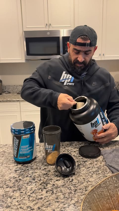 Instagram post by @ifbb_pro_kamal_elgargni for BPI Sports. Caption reads: After workout Supplement intake 50g whey HD 5g....