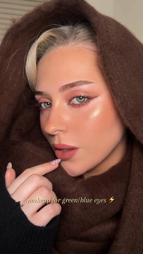 Instagram post by @lenkalul for Prada Beauty. Caption reads: ad. makeup for girls with green or blue eyes....