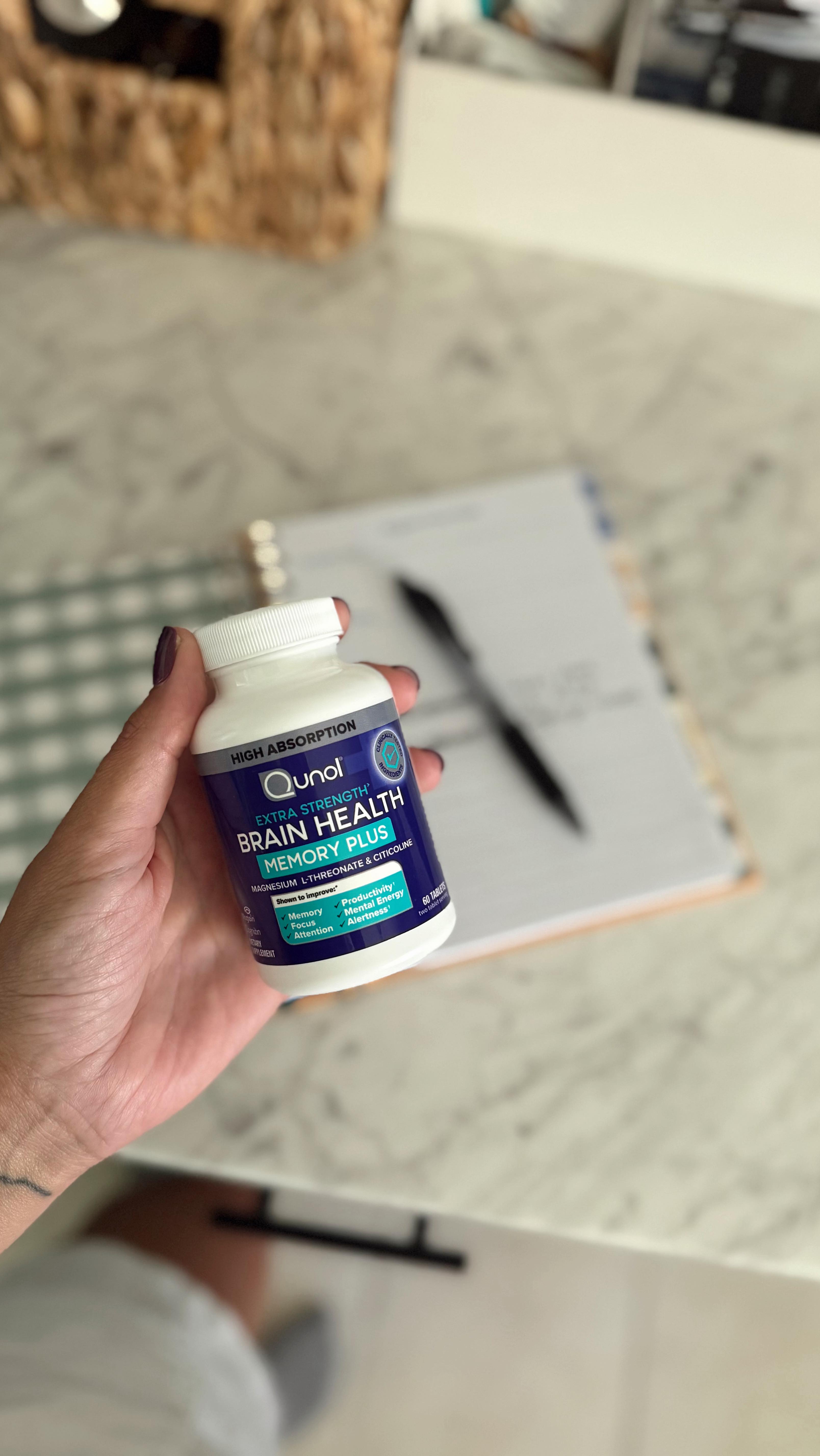 Instagram post by @dani.mccormick for Qunol. Caption reads: #ad Mom Brain is real, I swear. @qunol Memory Plus....