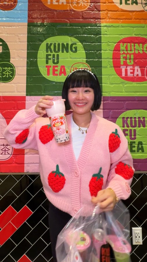 Instagram post by @nycharlene for Kung Fu Tea. Caption reads: A BERRY SWEET DAY 🩷 | ad 
@kungfuteausa x....