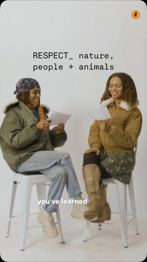 Instagram post by @greengirlleah for Save The Duck. Caption reads: ♡ exploring what RESPECT_ means with my sister....