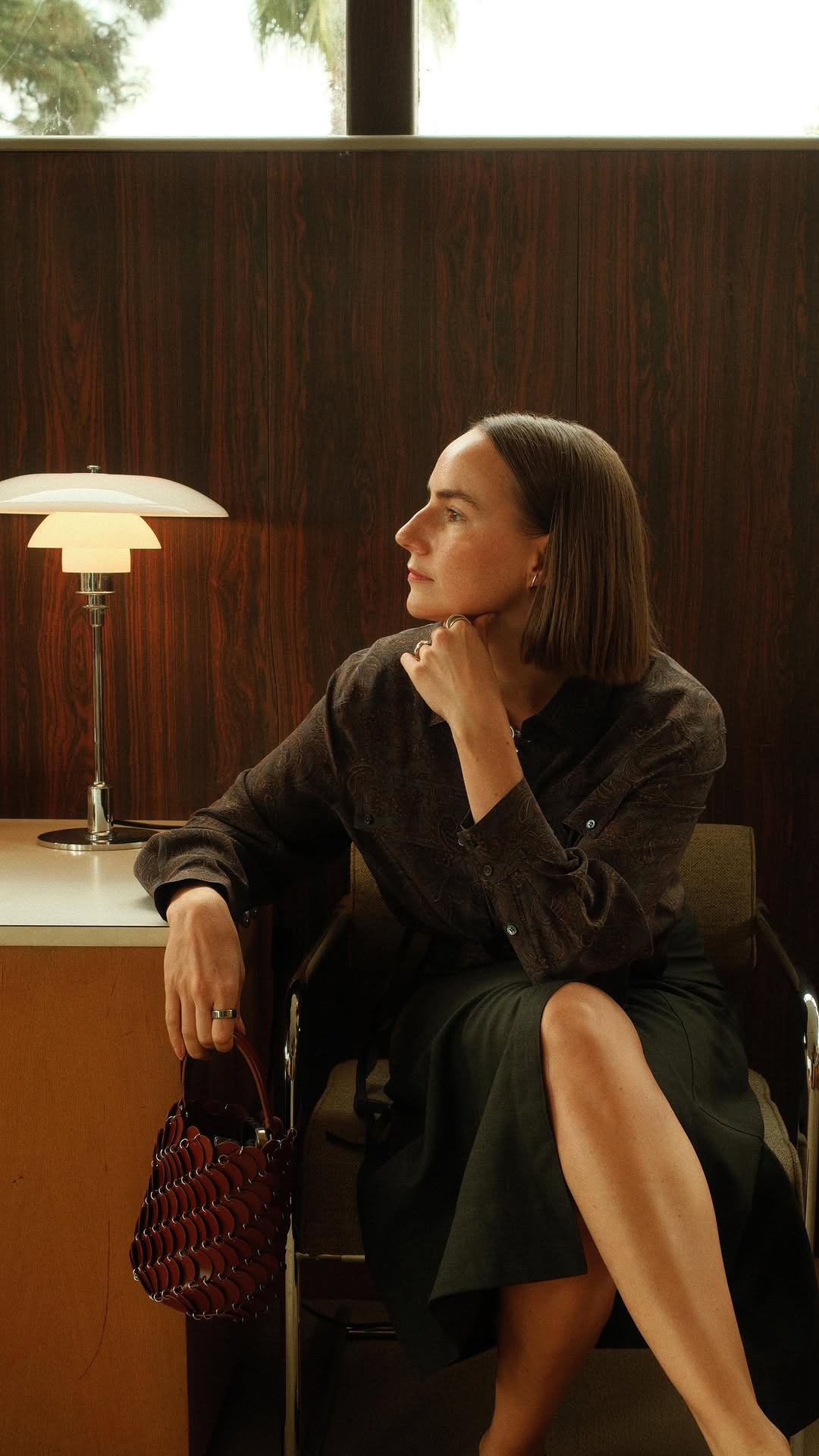 Instagram post by @hawleydunbar for Soeur. Caption reads: Wearing @soeur_paris to Neutra VDL House ✨.