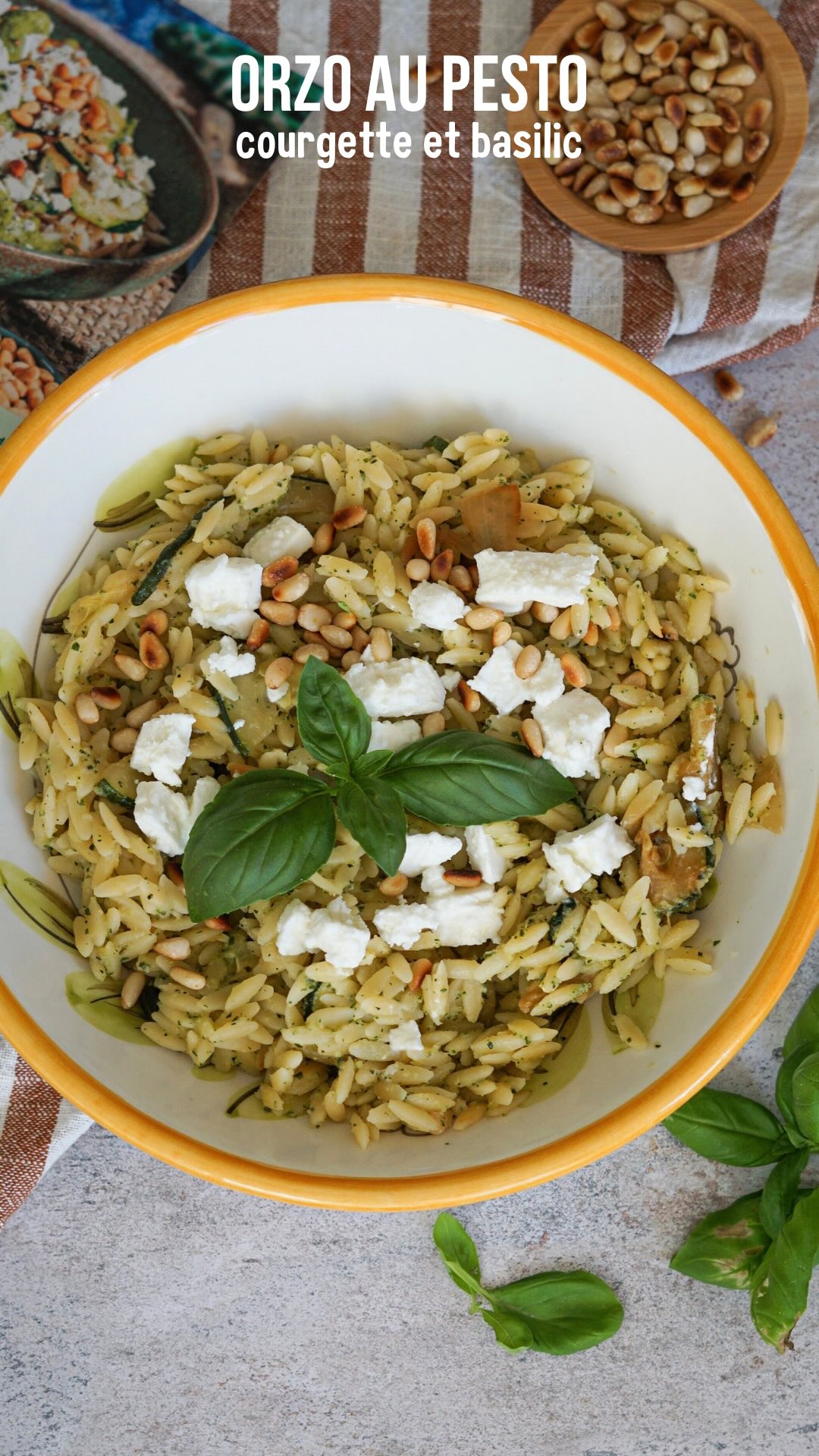 Instagram post by @atablestelle for Quitoque. Caption reads: ORZO AU PESTO de courgette et basilic 💚
Feta et....