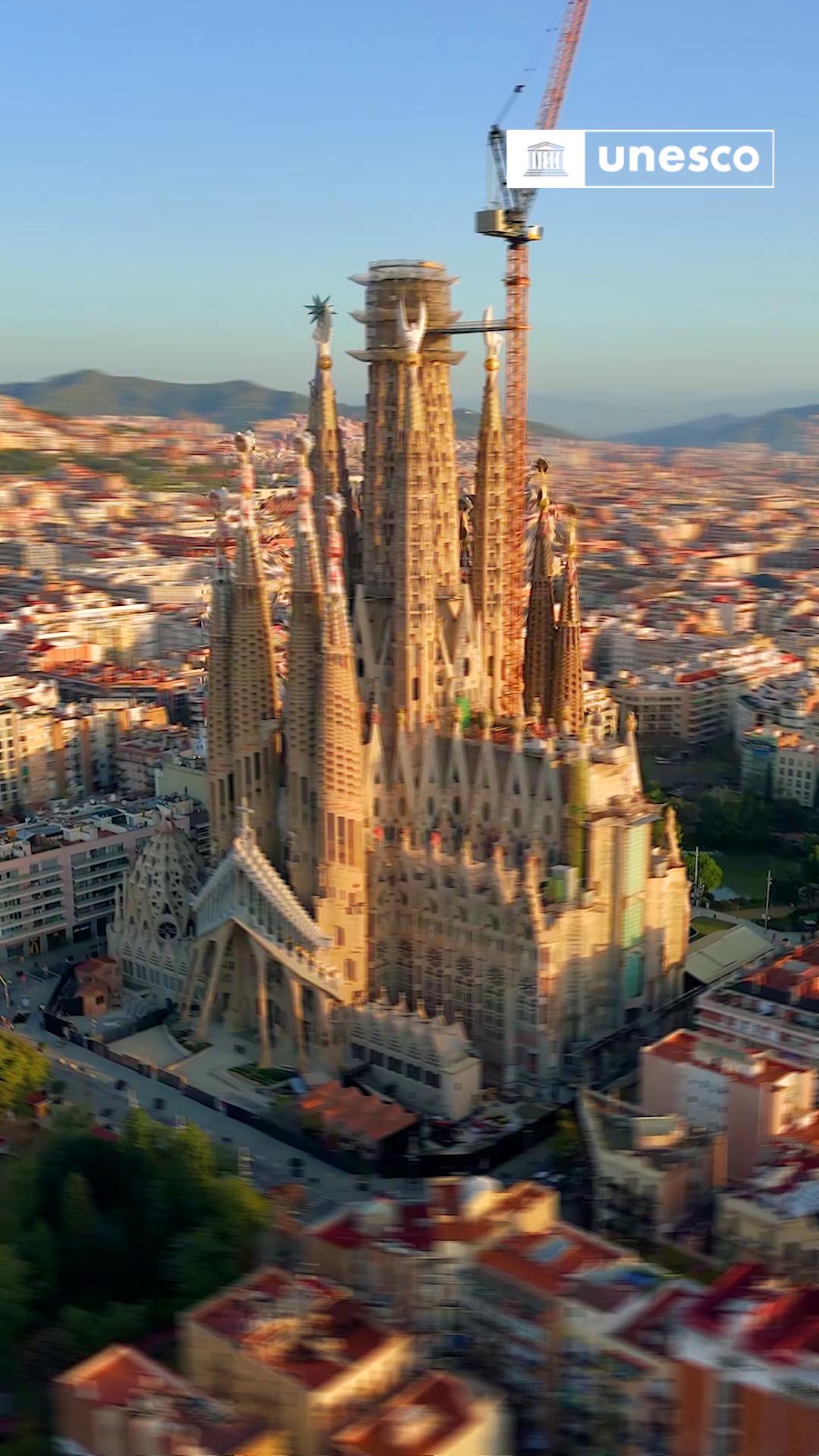 Instagram post by @basilicasagradafamilia for UNESCO. Caption reads: A work in progress, but a legacy in stone.....