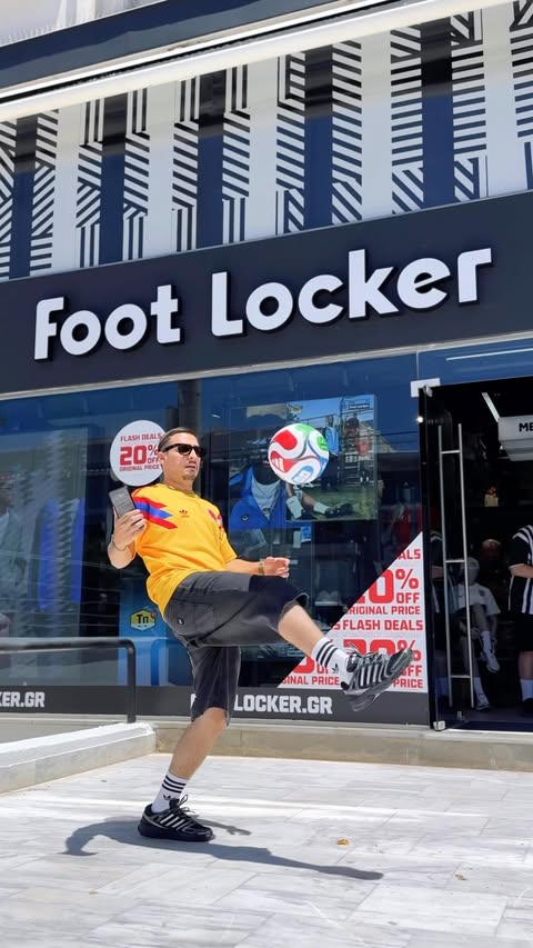 Instagram post by @frankiepask for Foot Locker. Caption reads: #ad Mini Vlog από το νέο κατάστημα Foot Locker....