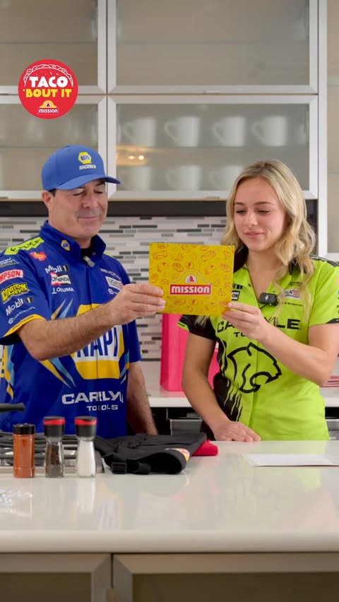 Instagram post by @maddigordon.racing for Mission Foods. Caption reads: Cooking skills 😬 Racing skills 🔥 Watch NHRA....