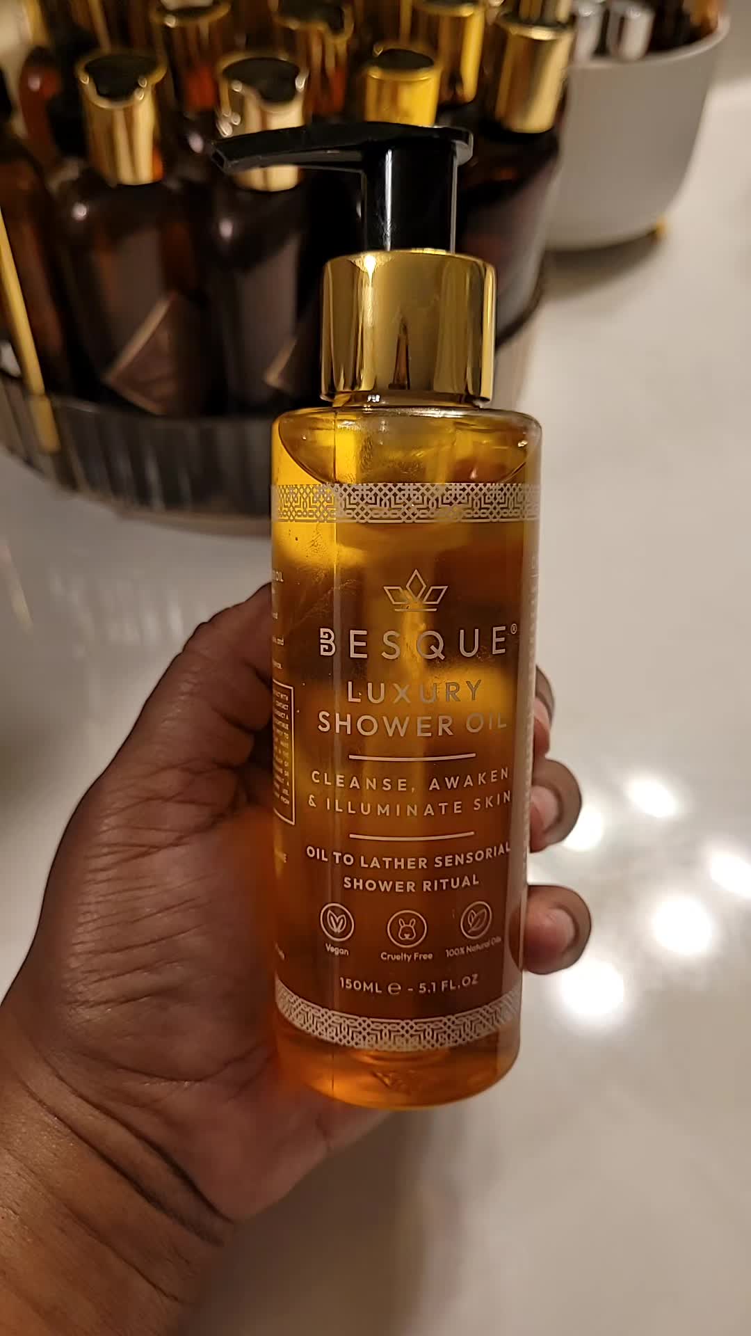 TikTok post by @laurenetta77 for Besque. Caption reads: Besque Luxury Shower Oil. #bath #shower [...].