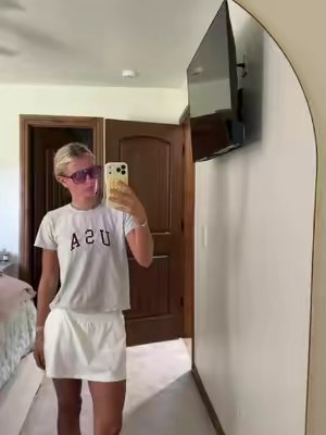 TikTok post by @mikennajames for VRCÔMFY. Caption reads: A comfy athletic staple piece #athleticskirt....