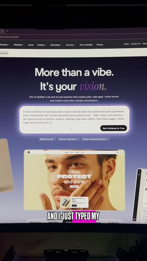 Instagram post by @manik_yadavv for GoDaddy. Caption reads: 🚀 Built this website using GoDaddy’s Airo AI....