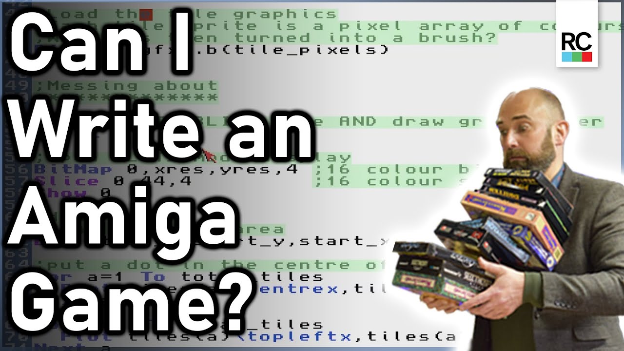 YouTube post by @TheRetroCollective for PCBWay. Caption reads: Can I Write an Amiga Game? Trying Blitz Basic in....