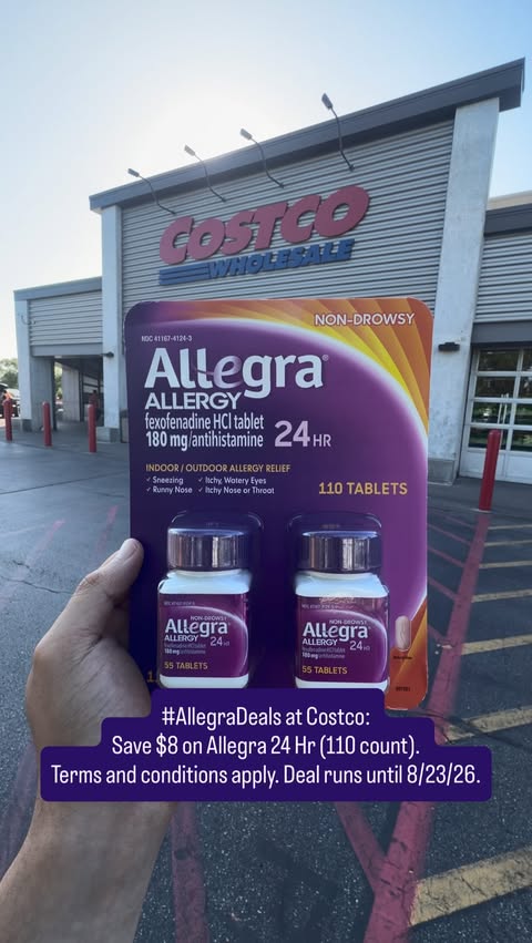 Instagram post by @discovering_costco for Allegra OTC. Caption reads: #AllegraPartner Save $8 on @allegraallergy (110....