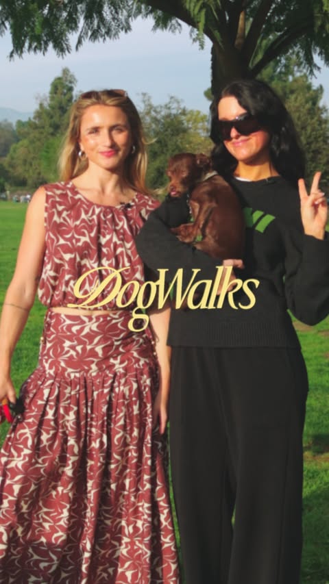 Instagram post by @macyeleni for Rent the Runway. Caption reads: On this LA episode of Dog Walks we're joined by....