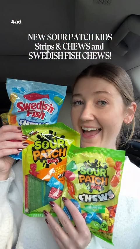 Instagram post by an influencer for New Engen Creators. Caption reads: #ad Trying the NEW SOUR PATCH KIDS Strips & CHEWS....