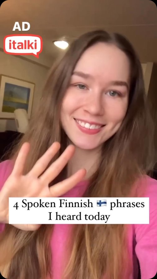 Instagram post by @katchatss for italki. Caption reads: AD italki • 4 Spoken Finnish Phrases I heard....