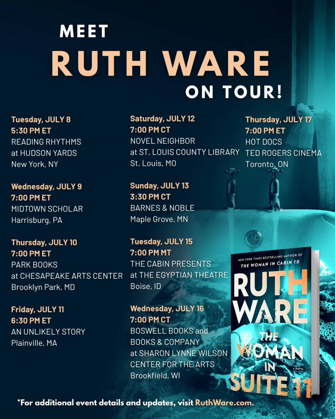 Instagram post by @ruthwarewriter for Gallery Books Group. Caption reads: Friends, I'm hitting the road! Here's a list of my....