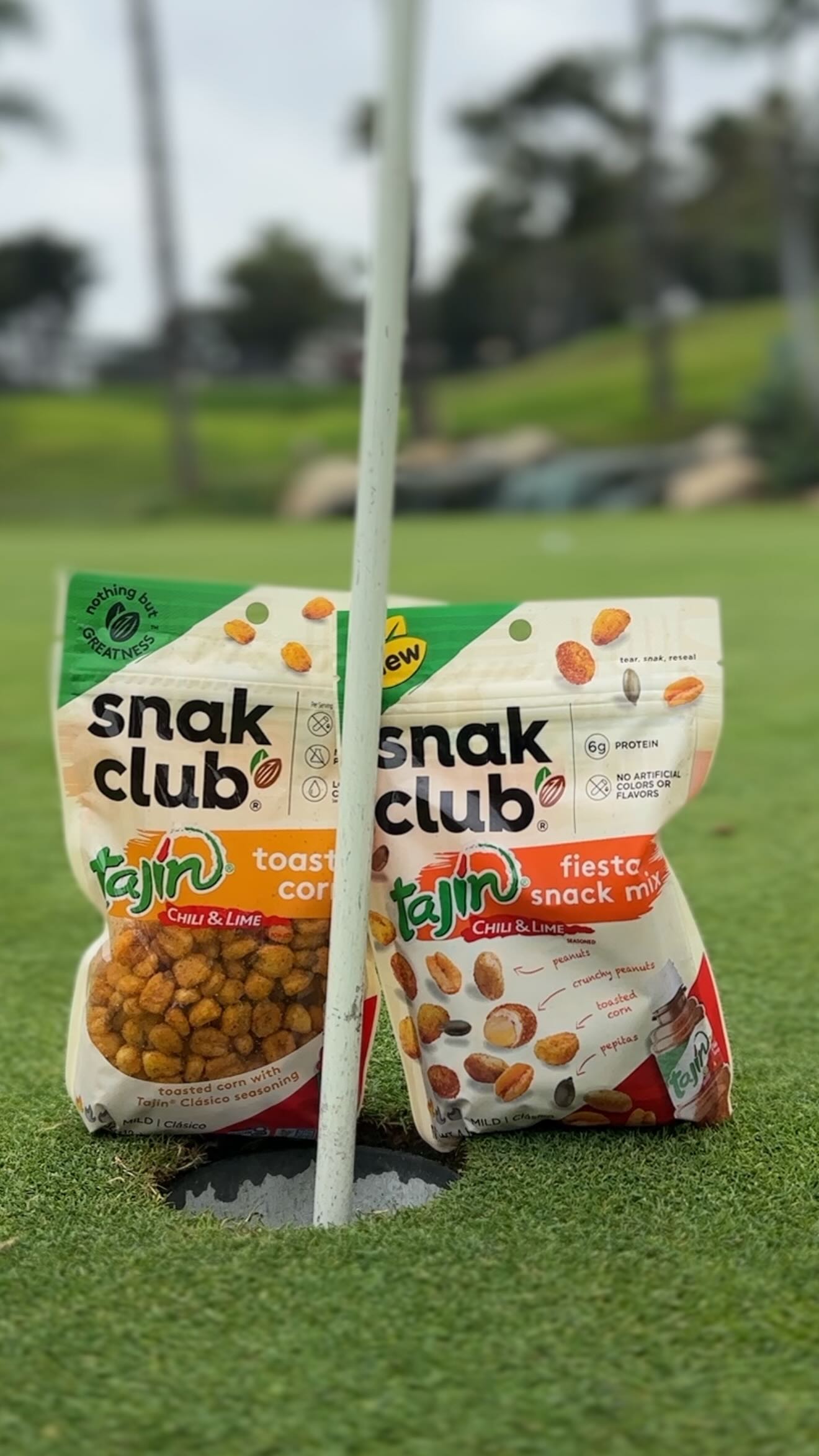Instagram post by @thebitoboys for Snak Club. Caption reads: ⛳️🥜 @snakclub x @tajinusa ! bold crunch, zesty....