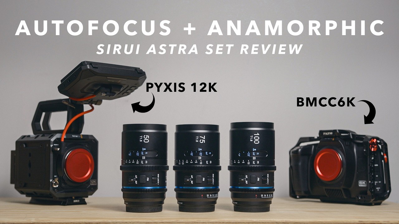YouTube post by @OfTwoLands for FilmConvert. Caption reads: These new Anamorphic Lenses have Autofocus | SIRUI....