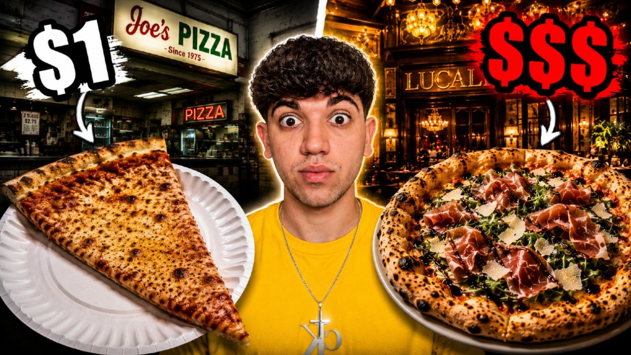 YouTube post by @AsylumCSGO for Skin.Club. Caption reads: Cheapest Pizza vs. Most Expensive Pizza in the....