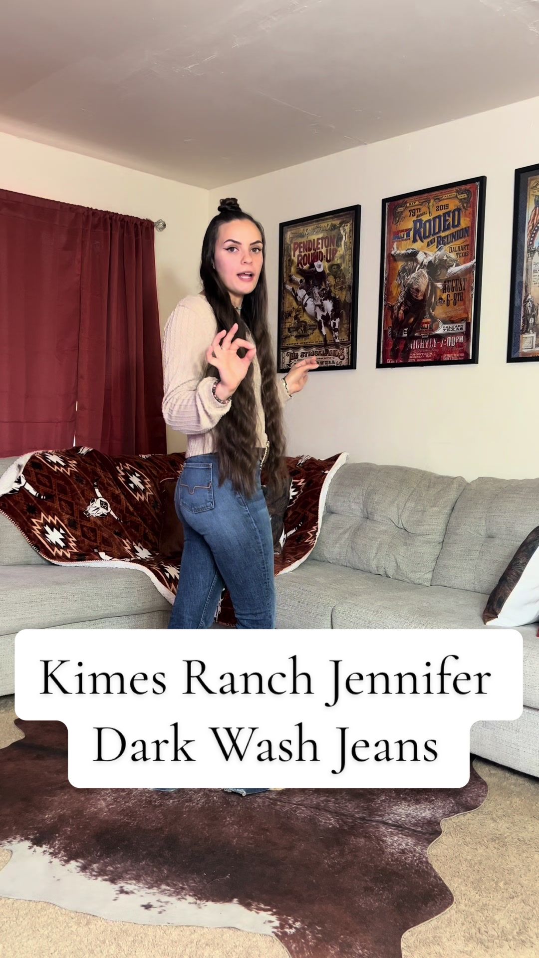 TikTok post by @behind.thereins for Kimes Ranch Jeans. Caption reads: The perfect jean for any occasion 😍 @Kimes Ranch....