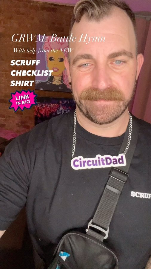 Instagram post by @nottomselleck for SCRUFF. Caption reads: #GRWM and the new SCRUFF Checklist Shirt 
(Link in....