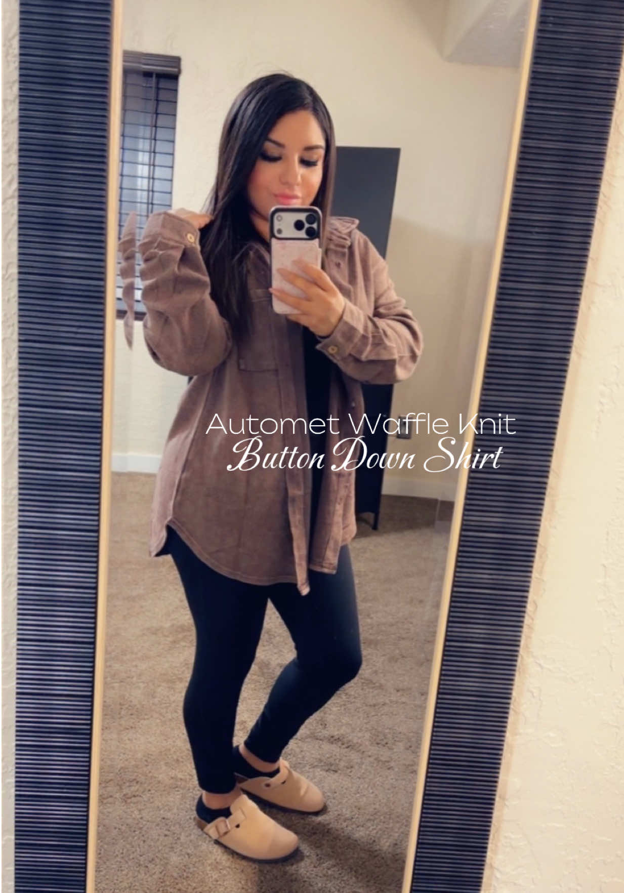 TikTok post by @stefani_laraa for Automet. Caption reads: Automet Waffle Knit Button Down Shirt 🤎 So [...].