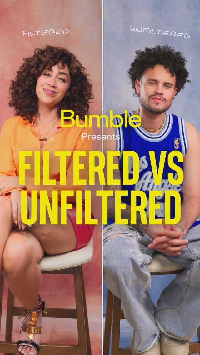 Instagram post by @enjoyjaredbrady for Bumble. Caption reads: Hard Launching our new series ✨ Filtered vs....