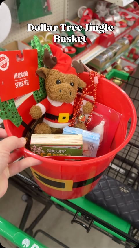 Instagram post by @trendyfavefinds for Dollar Tree. Caption reads: Dollar Tree Jingle Basket under $12! What else....