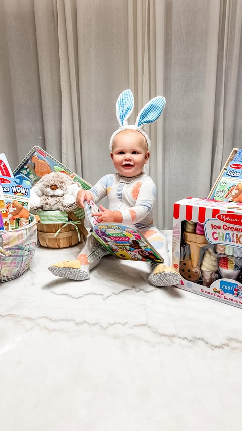 Instagram post by @bridgetjbeck for BabbleBoxx. Caption reads: [...] details #ad #easterbasket #screenfree....